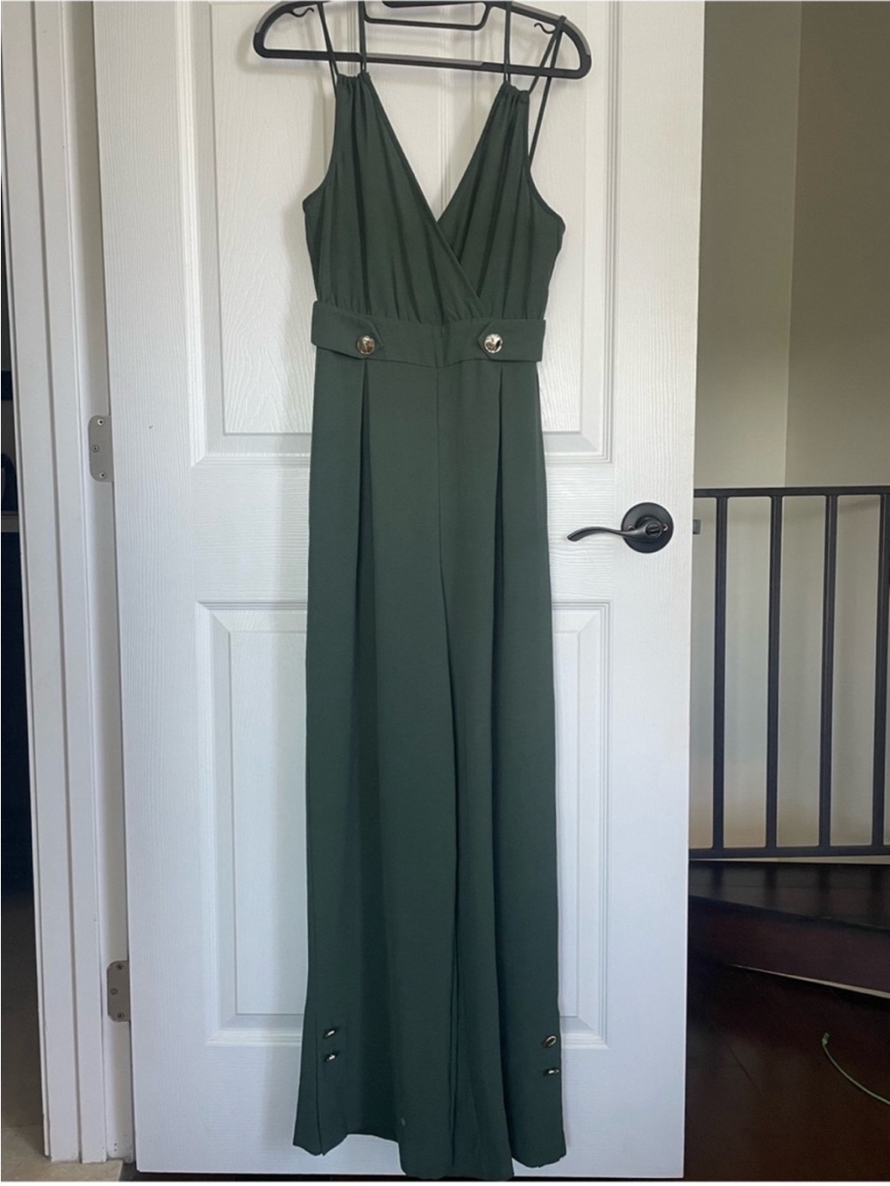 Zara Olive Green Sleeveless V-Neck Jumpsuit with Gold Buttons